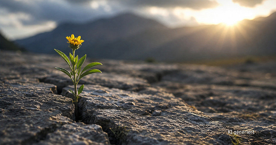 Gelbe Blume wächst aus einem Riss in trockener, rissiger Erde vor unscharfen Bergen und Sonnenlicht im Hintergrund
