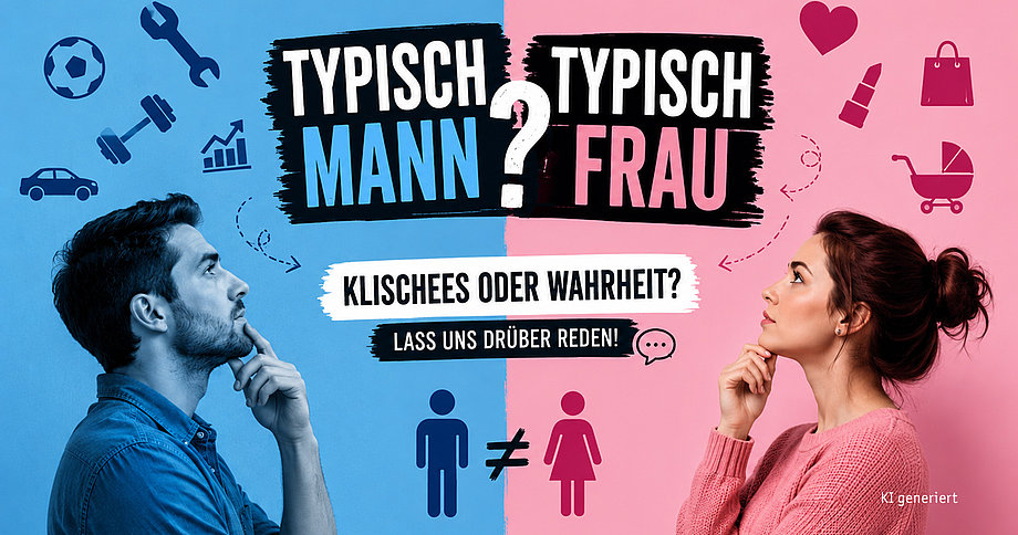 Mann und Frau schauen sich nachdenklich an vor blau-rosa Hintergrund mit Texten 'Typisch Mann? Typisch Frau', 'Klischees oder Wahrheit? Lass uns drüber reden!' und Symbolen für typische Interessen.